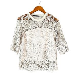 Zara Light Gray Lace Crochet with Inlay 3/4 Sleeve Top